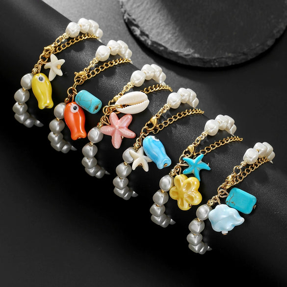 Handmade Geometric Ceramic Turquoise Pearl Starfish Fish Bracelet Unisex