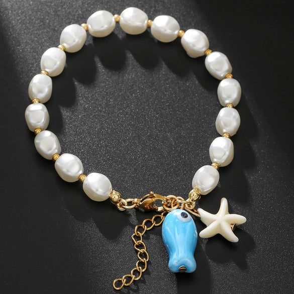 Handmade Geometric Ceramic Turquoise Pearl Starfish Fish Bracelet Unisex