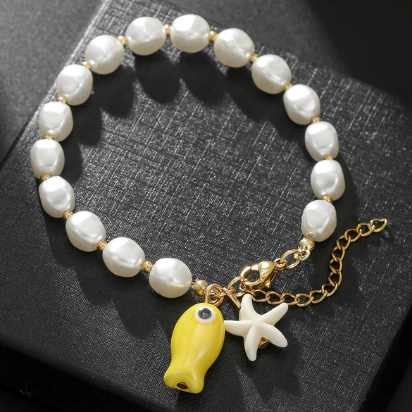 Handmade Geometric Ceramic Turquoise Pearl Starfish Fish Bracelet Unisex
