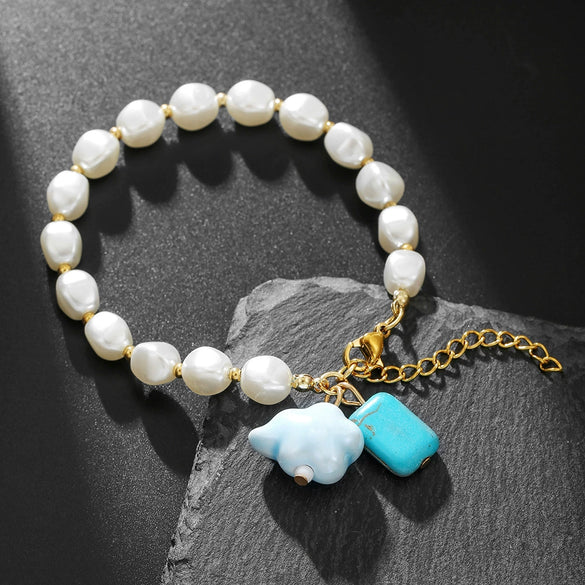 Handmade Geometric Ceramic Turquoise Pearl Starfish Fish Bracelet Unisex