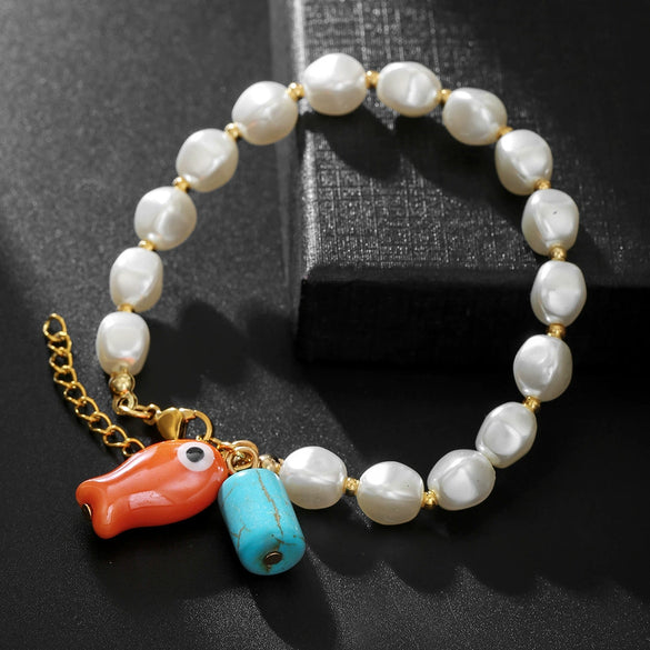 Handmade Geometric Ceramic Turquoise Pearl Starfish Fish Bracelet Unisex