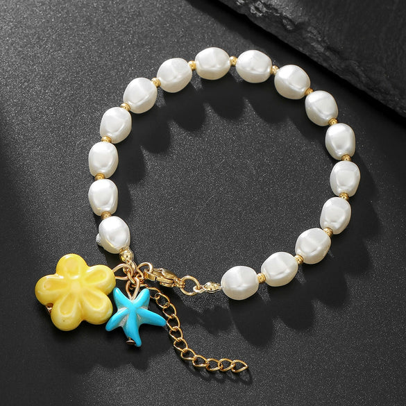 Handmade Geometric Ceramic Turquoise Pearl Starfish Fish Bracelet Unisex