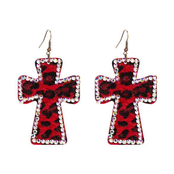 Handmade Geometric Leather Leopard Pattern Exaggerated Drop Earrings For Women With Decorative Diamond Style Detail