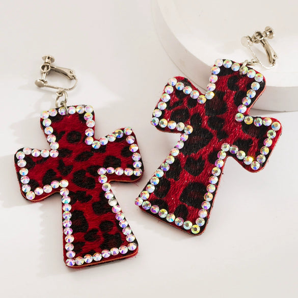 Handmade Geometric Leather Leopard Pattern Exaggerated Drop Earrings For Women With Decorative Diamond Style Detail