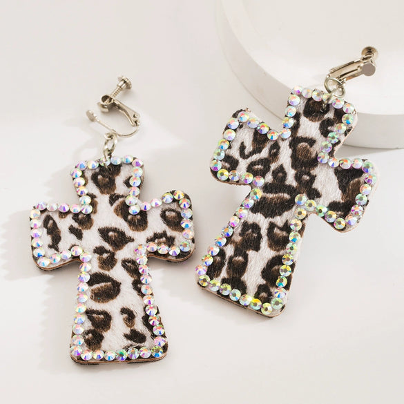 Handmade Geometric Leather Leopard Pattern Exaggerated Drop Earrings For Women With Decorative Diamond Style Detail