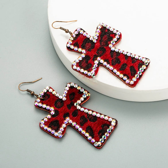 Handmade Geometric Leather Leopard Pattern Exaggerated Drop Earrings For Women With Decorative Diamond Style Detail