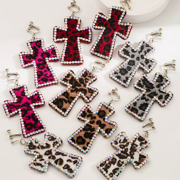 Handmade Geometric Leather Leopard Pattern Exaggerated Drop Earrings For Women With Decorative Diamond Style Detail