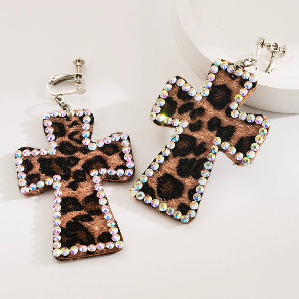 Handmade Geometric Leather Leopard Pattern Exaggerated Drop Earrings For Women With Decorative Diamond Style Detail