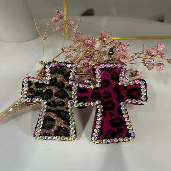 Handmade Geometric Leather Leopard Pattern Exaggerated Drop Earrings For Women With Decorative Diamond Style Detail