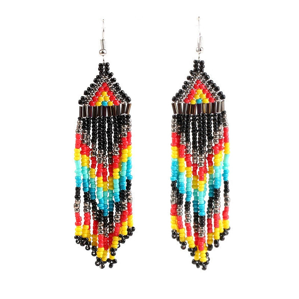 Handmade Geometric Multi Layer Rice Bead Long Tassel Earrings Retro Fashion Dangle Earrings