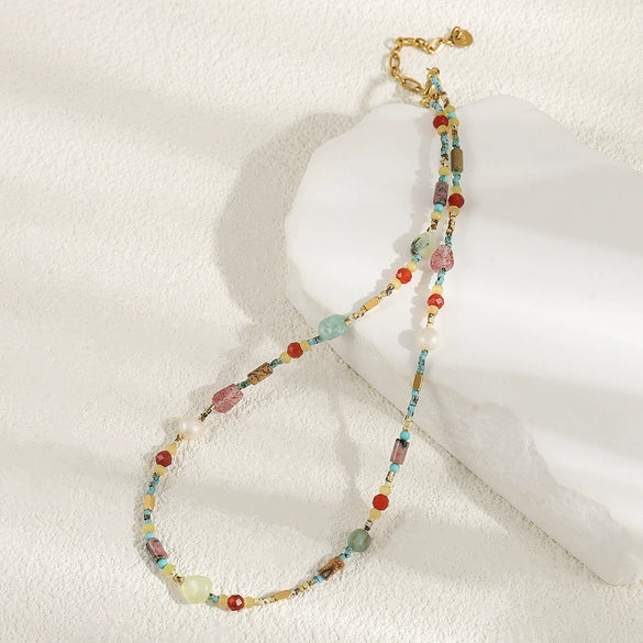 Handmade Geometric Natural Stone Beaded Necklace With Czech Beads And Agate