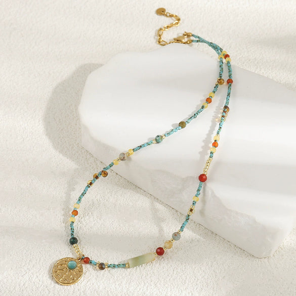 Handmade Geometric Natural Stone Beaded Necklace With Czech Beads And Agate