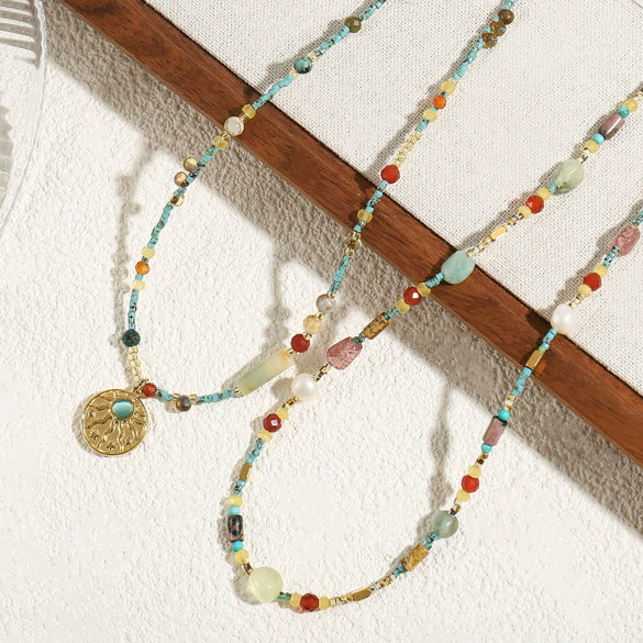 Handmade Geometric Natural Stone Beaded Necklace With Czech Beads And Agate