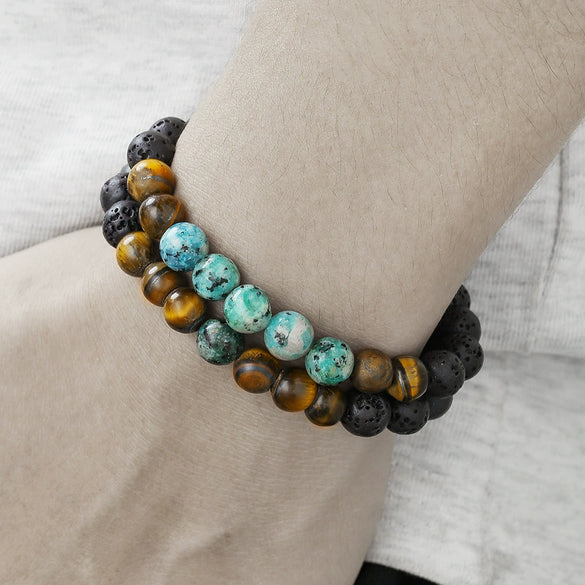 Handmade Geometric Stone Hiphop Hand Jewelry Unisex Beaded Bracelet With African Pine Yellow Tiger Eye And Volcanic Stone