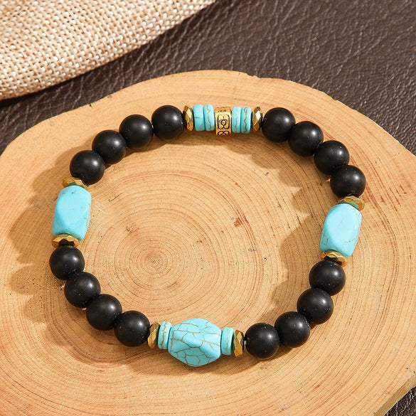 Handmade Geometric Style Unisex Bracelet Jewelry With Black Gallstone And Turquoise