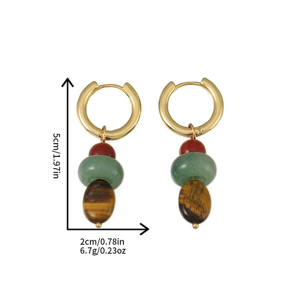 Handmade Geometric Vintage Earrings With Tiger Eye Stone Red Agate And Green Aventurine Copper
