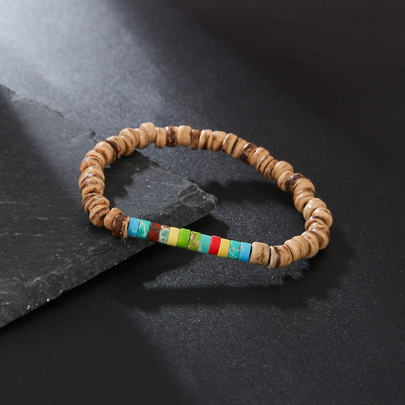Handmade Geometric Wood Chips Pine Stone Beaded Skull Bracelet Unisex