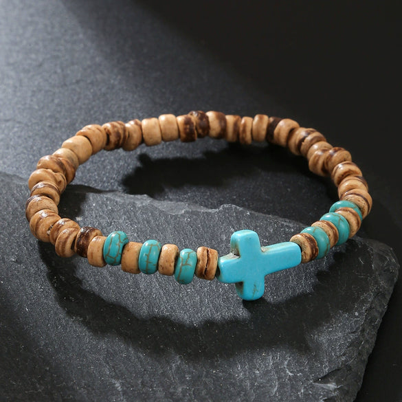Handmade Geometric Wood Chips Pine Stone Beaded Skull Bracelet Unisex