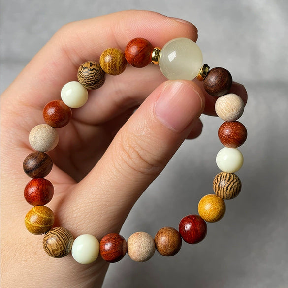 Handmade Geometric Wood Chips Pine Stone Beaded Skull Bracelet Unisex