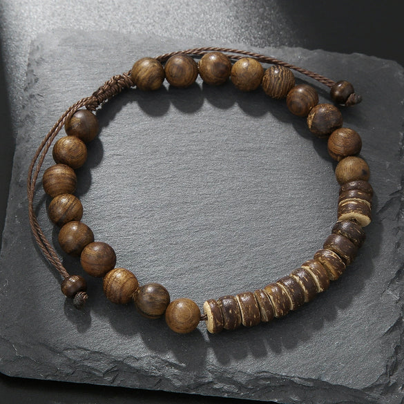 Handmade Geometric Wood Chips Pine Stone Beaded Skull Bracelet Unisex
