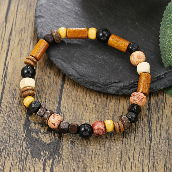 Handmade Geometric Wood Chips Pine Stone Beaded Skull Bracelet Unisex