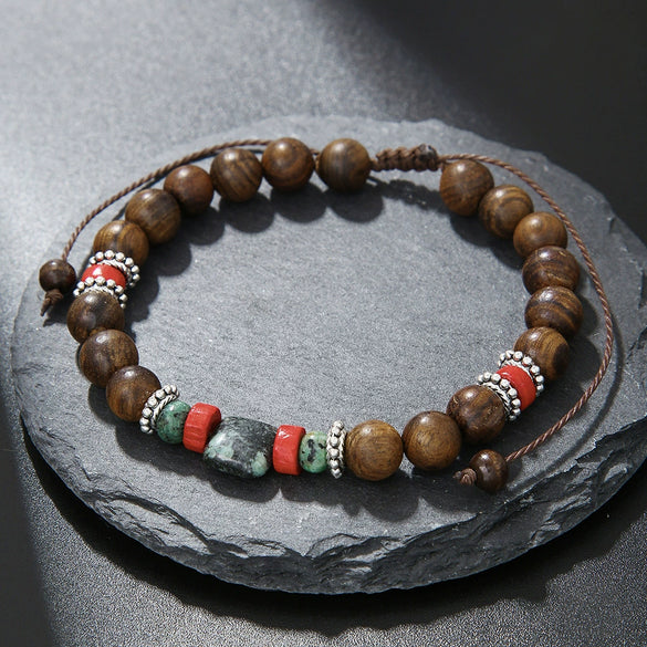 Handmade Geometric Wood Chips Pine Stone Beaded Skull Bracelet Unisex