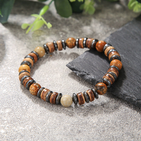 Handmade Geometric Wood Chips Pine Stone Beaded Skull Bracelet Unisex