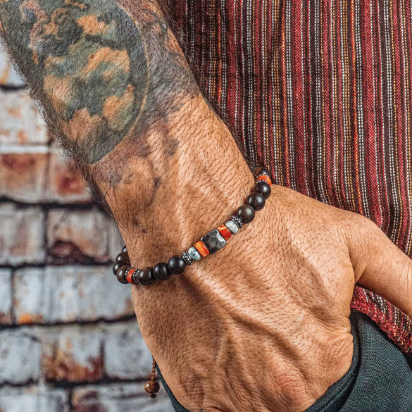 Handmade Geometric Wood Chips Pine Stone Beaded Skull Bracelet Unisex
