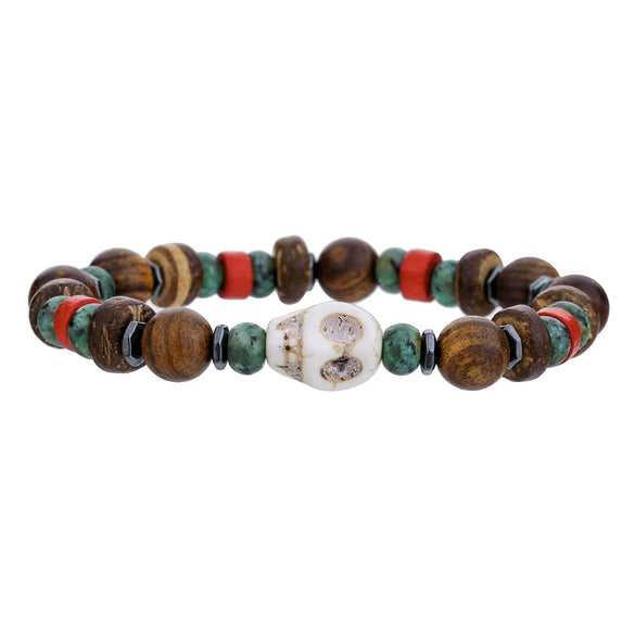 Handmade Geometric Wood Chips Pine Stone Beaded Skull Bracelet Unisex