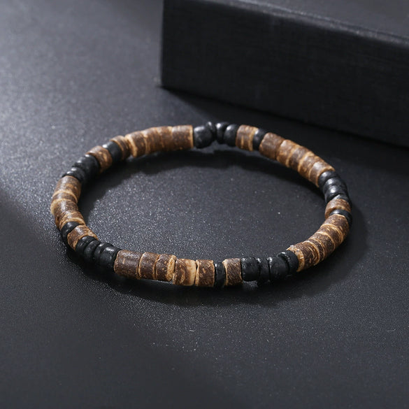 Handmade Geometric Wood Chips Pine Stone Beaded Skull Bracelet Unisex