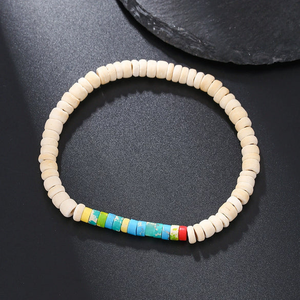 Handmade Geometric Wood Chips Pine Stone Beaded Skull Bracelet Unisex
