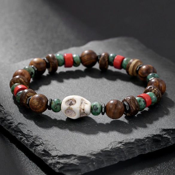 Handmade Geometric Wood Chips Pine Stone Beaded Skull Bracelet Unisex
