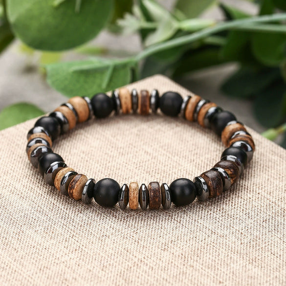 Handmade Geometric Wood Chips Pine Stone Beaded Skull Bracelet Unisex
