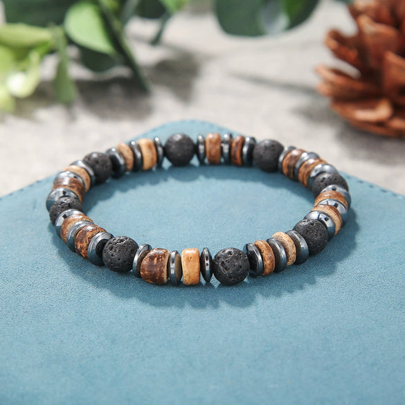 Handmade Geometric Wood Chips Pine Stone Beaded Skull Bracelet Unisex