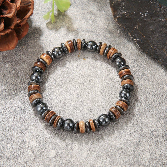 Handmade Geometric Wood Chips Pine Stone Beaded Skull Bracelet Unisex