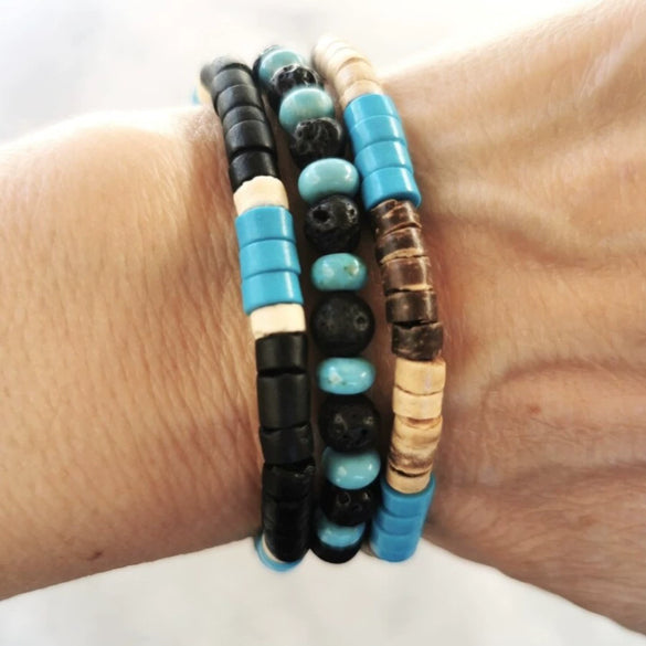 Handmade Geometric Wooden Beaded Volcanic Stone Turquoise Coconut Shell Unisex Bracelet