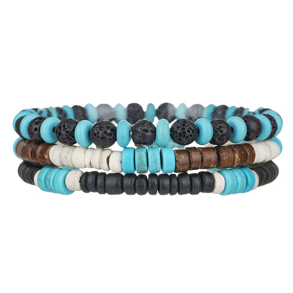 Handmade Geometric Wooden Beaded Volcanic Stone Turquoise Coconut Shell Unisex Bracelet