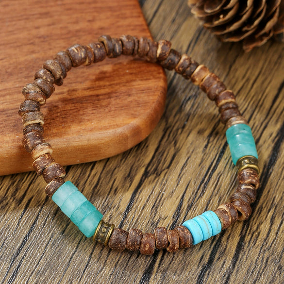 Handmade Geometric Wooden Beads Turquoise Coconut Shell Bracelet Unisex Hiphop Style