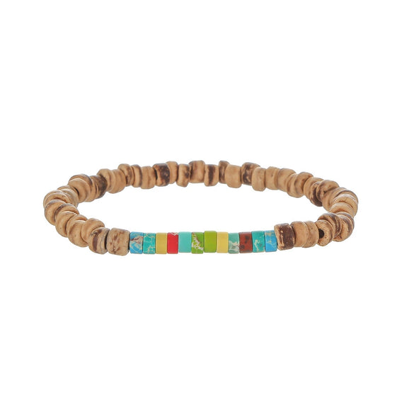 Handmade Geometric Wooden Beads Turquoise Coconut Shell Bracelet Unisex Hiphop Style