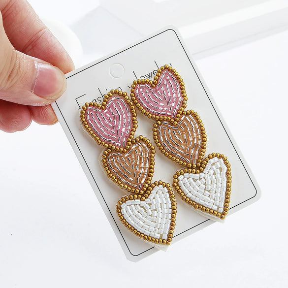 Handmade Glass Glazed Three Heart Three Color Beige Women's Earrings