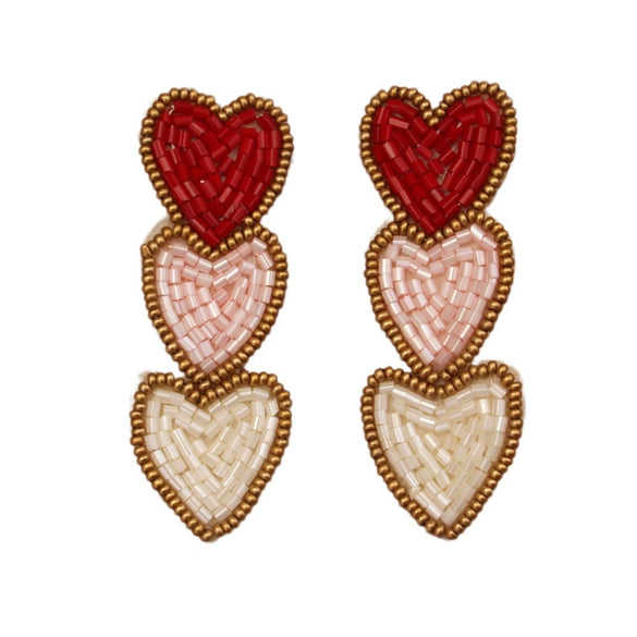 Handmade Glass Glazed Three Heart Three Color Beige Women's Earrings