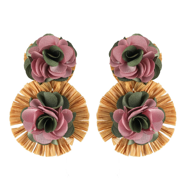 Handmade Grass Fabric Geometric Flower Earrings For Women In Vacation Style