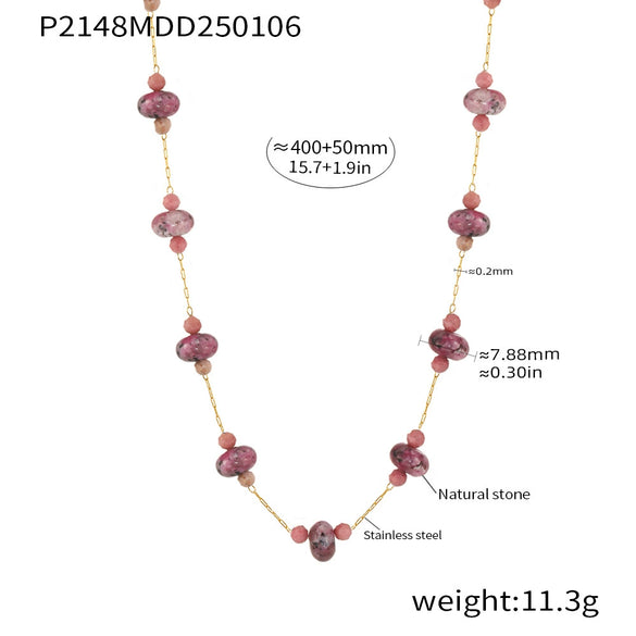 Handmade Half Bead Tourmaline Natural Stone Necklace With Stainless Steel 18K Gold Electroplated Geometric Light Luxury Jewelry For Women
