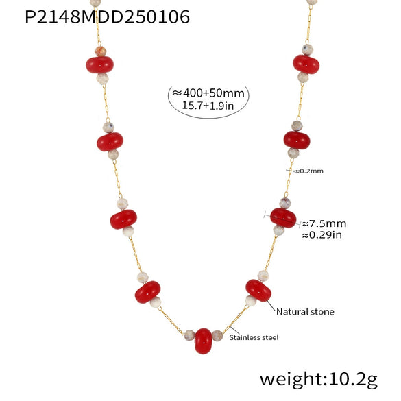 Handmade Half Bead Tourmaline Natural Stone Necklace With Stainless Steel 18K Gold Electroplated Geometric Light Luxury Jewelry For Women