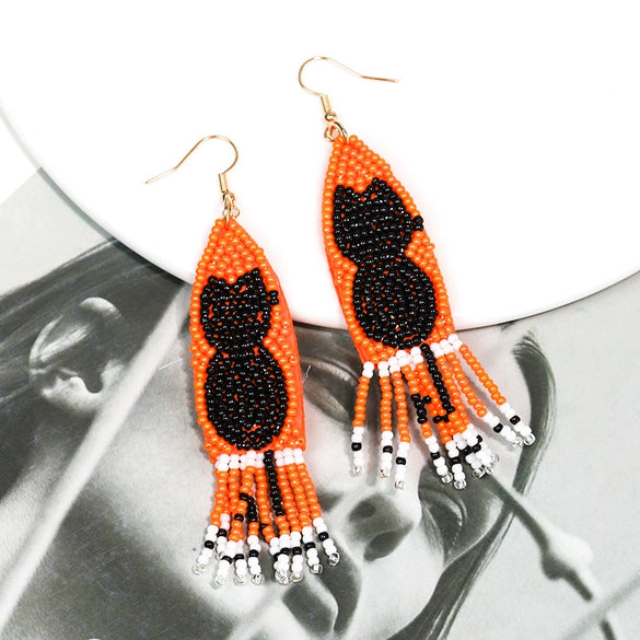 Handmade Halloween Black Cat Rice Beads Tassel Earrings For Women Plastic And Resin Material Exaggerated Funny Design