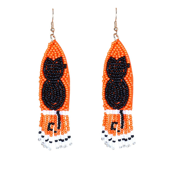 Handmade Halloween Black Cat Rice Beads Tassel Earrings For Women Plastic And Resin Material Exaggerated Funny Design