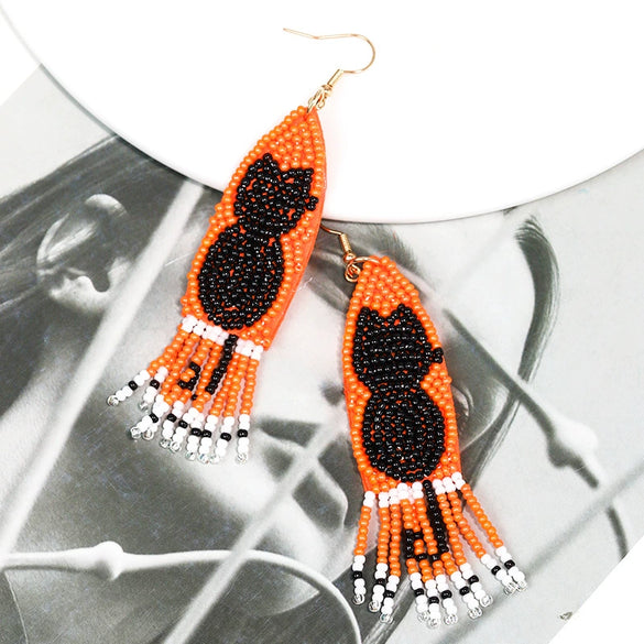 Handmade Halloween Black Cat Rice Beads Tassel Earrings For Women Plastic And Resin Material Exaggerated Funny Design