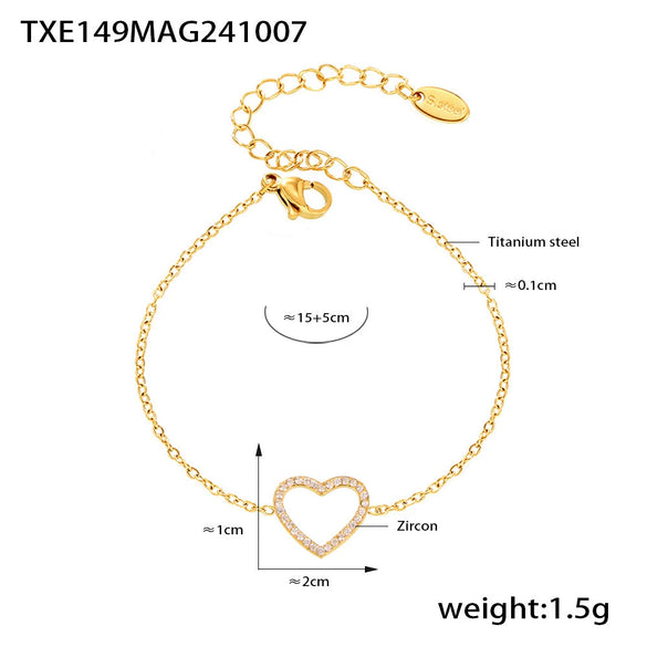 Handmade Heart Shaped Titanium Steel Zircon Double Clavicle Necklace Bracelet Suit With Pvd Plated True Gold Color Preservation For Women In Light Luxury Style