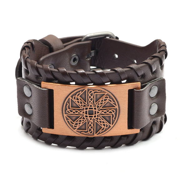 Handmade Hiphop Retro Amulet Bracelet Genuine Leather With Flower Pattern And Electroplating Treatment