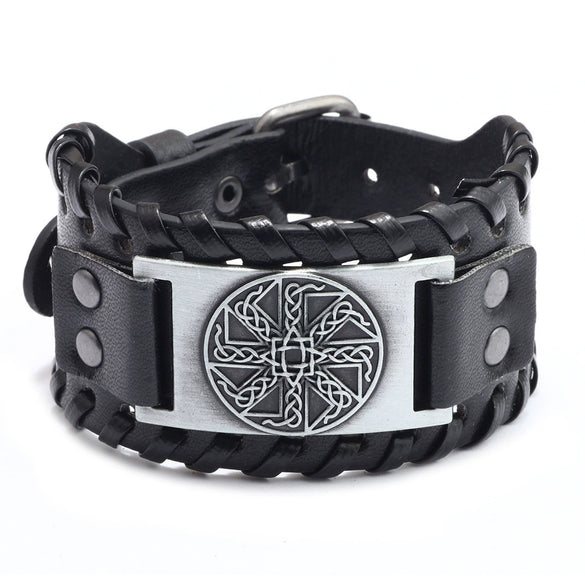 Handmade Hiphop Retro Amulet Bracelet Genuine Leather With Flower Pattern And Electroplating Treatment